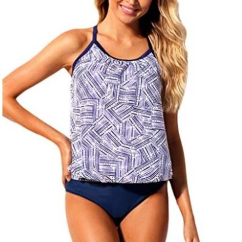 Blouson Convertible Crossback Tankini Swimsuit Set Plus Size XXL Navy White